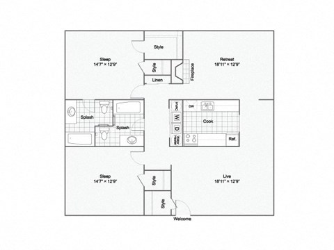 Floor plan for 2 beds, 2 baths, 1276 sqft